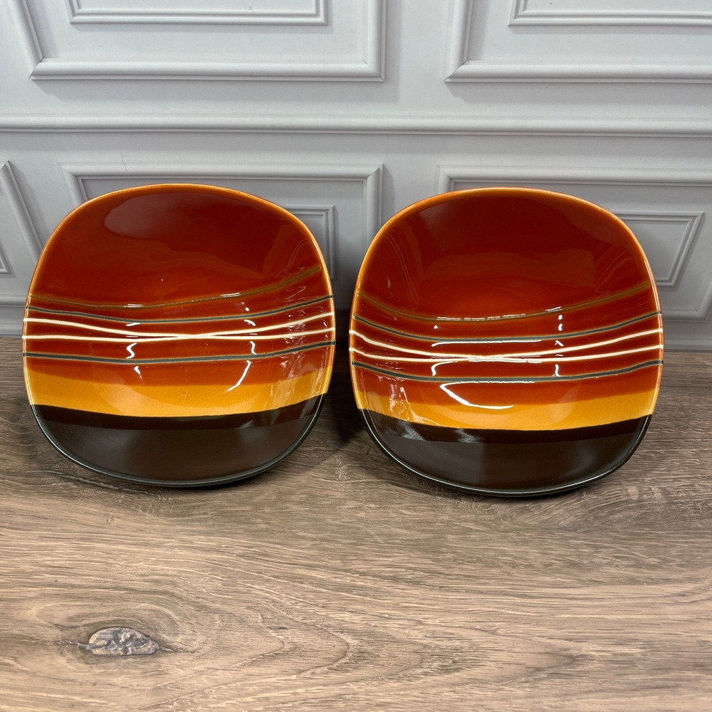 Hometrends Bazaar Square 7 in Bowls Orange Brown Striped Stoneware Set of 2